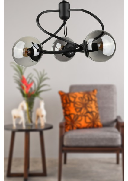 Büklüm 3.lü Avize Siyah Füme Cam