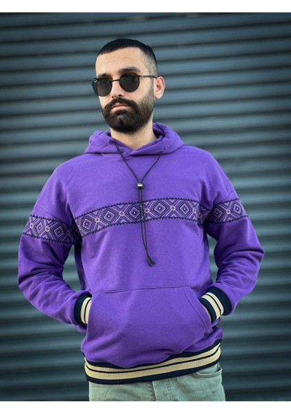 Etnik Nakışlı Sweatshirt Oversize-Mor