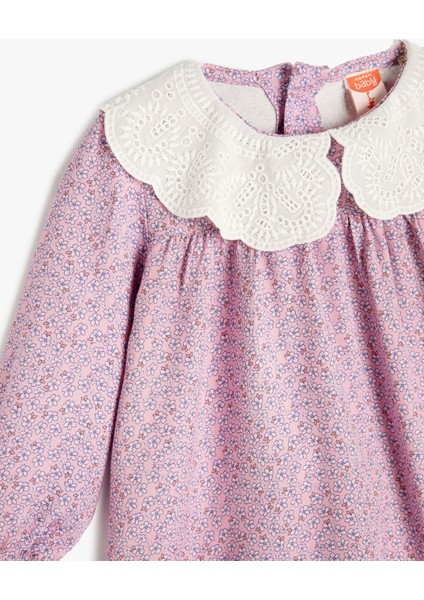 Elbise Çiçekli Bebe Yaka Uzun Kollu Manşetleri Lastikli