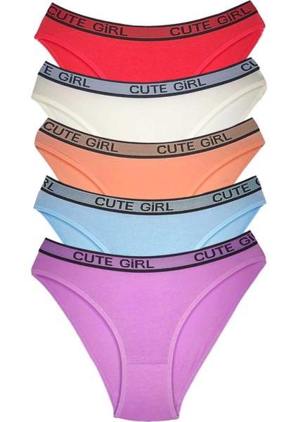 5 Adet Beli Yazılı Pamuklu Kalın Lastik Kadın Slip Külot