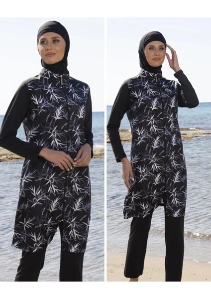 23934 Siyah Lycra Jileli Dokuma Tesettür Mayo