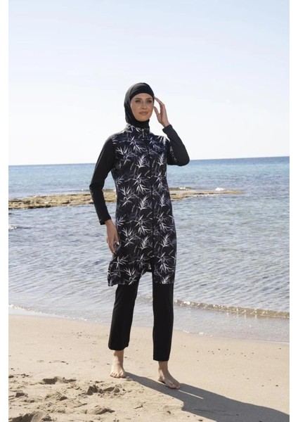 23934 Siyah Lycra Jileli Dokuma Tesettür Mayo