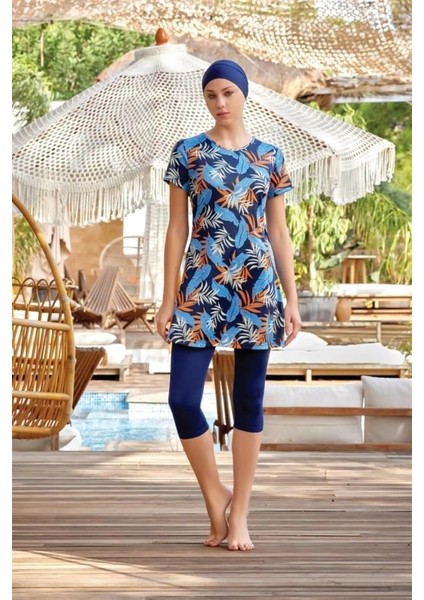 Deren 9083 Kısa Kol Lycralı Dijital Desen Tesettür Havuz Mayo