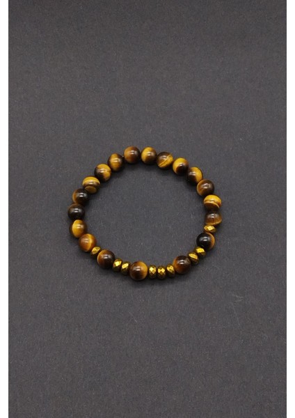 Doğal Gold Hematit Detaylı Kaplan Gözü Makrome Unisex Bileklik