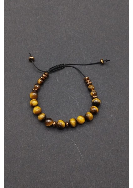 Doğal Hematit Detaylı Kaplan Gözü Taşı Makrome El Örgüsü Doğal Taş Bileklik