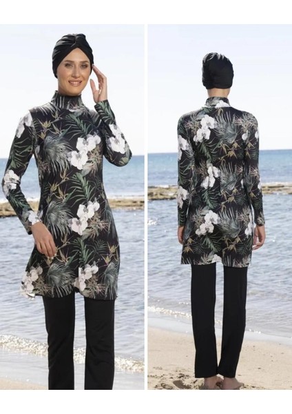 23907 Siyah Dijital Desenli Tam Boy Lycralı Tesettür Mayo