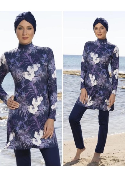 23907 Lacivert Dijital Desenli Tam Boy Lycralı Tesettür Mayo