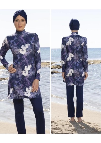 23907 Lacivert Dijital Desenli Tam Boy Lycralı Tesettür Mayo fiyatları