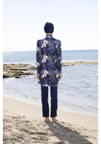 23907 Lacivert Dijital Desenli Tam Boy Lycralı Tesettür Mayo modelleri