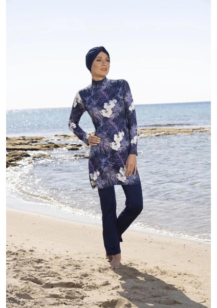 23907 Lacivert Dijital Desenli Tam Boy Lycralı Tesettür Mayo indirimleri