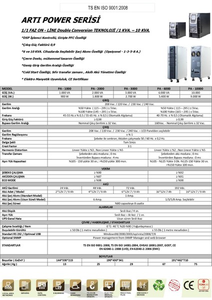 Arti Regülatör 3kva Online Ups 5-15DK LCD (6x12V/7AH) 1.1 Faz On-Line Kesintisiz Güç Kaynağı Ups