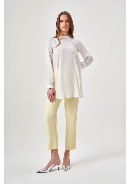 Piliseli Parçalı Ekru Tunik
