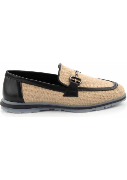 Bej Siyah Hasır Kadın Loafer Ayakkabı K01225092628