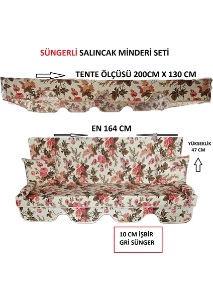 Mor Minder Süngerli  Salıncak Minder Seti Tenteli  3 Kişilik  10 cm Sünger 164X47  Ingiliz Gülü