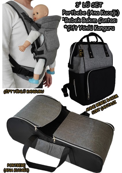 Portbebe Ana Kucağı + Bebek Taşıma Kanguru + Bebek Bakım Çantası 3 Lü Set