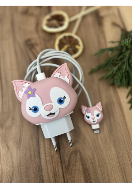 Sevimli Silikon Şarj Başlığı ve Kablo Koruyucu 2li Set Linabell Kedi