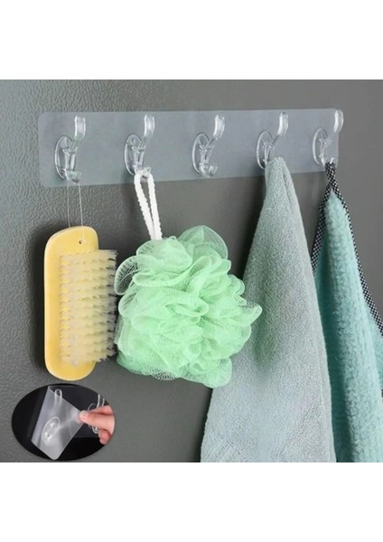 5'li Kendinden Yapışkanlı Güçlü Şeffaf Askılık - Kapı Arkası Mutfak Duvar Banyo Askı