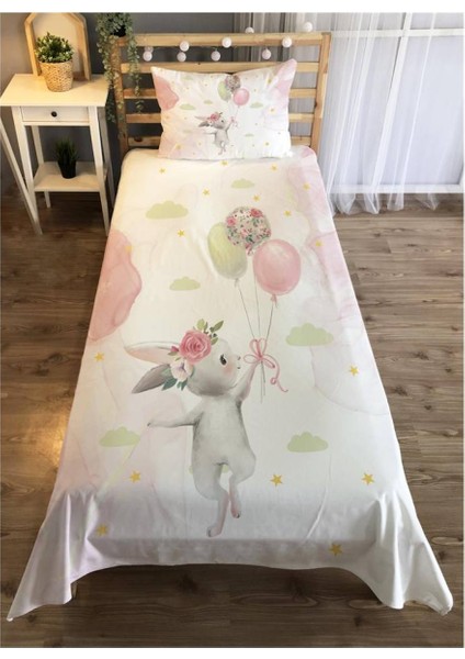 Balon ve Tavşan Desenli Kız Çocuk Odası Yatak Örtüsü Takımı