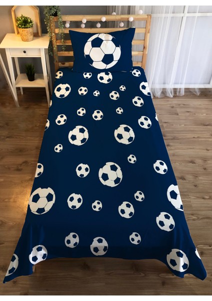 Futbol Topu Desen Baskılı 140X220 cm Dekoratif Yatak Örtüsü Lacivert