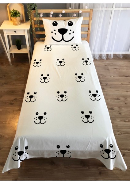 Köpek Desen Baskılı 140X220 cm Dekoratif Yatak Örtüsü Beyaz