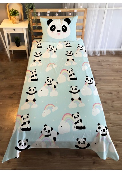 Panda Desen Baskılı 140X220 cm Dekoratif Yatak Örtüsü Mavi