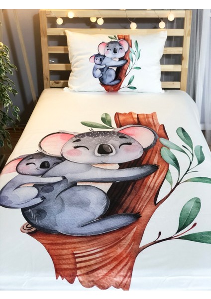 Evmila Dijital Baskı Sevimli Koala Kadife Örtü Yastık Seti 1265