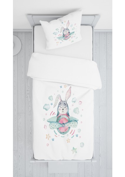 Evmila Dijital Baskı Uçan Tavşan Kadife Örtü Yastık Seti 1302