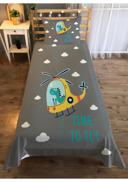Uçak Desen Baskılı 140X220 cm Dekoratif Yatak Örtüsü Gri