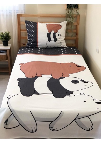 Ayı Desenli Baskılı 140X220 cm Dekoratif Yatak Örtüsü Beyaz