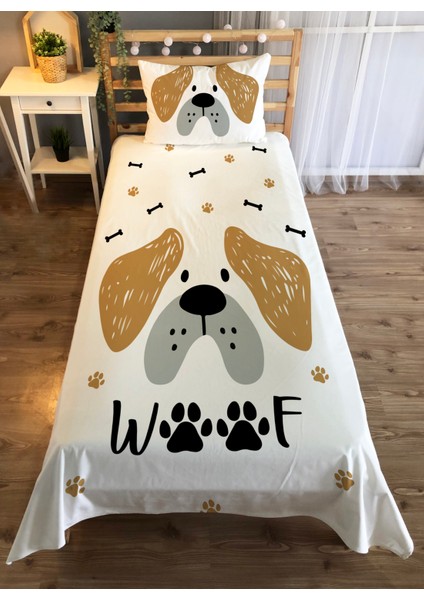 Köpek Desen Baskılı 140X220 cm Dekoratif Yatak Örtüsü Beyaz