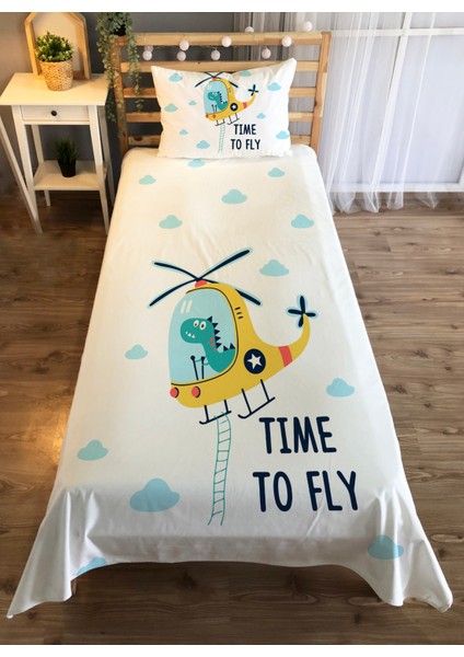 Uçak Desen Baskılı 140X220 cm Dekoratif Yatak Örtüsü Beyaz