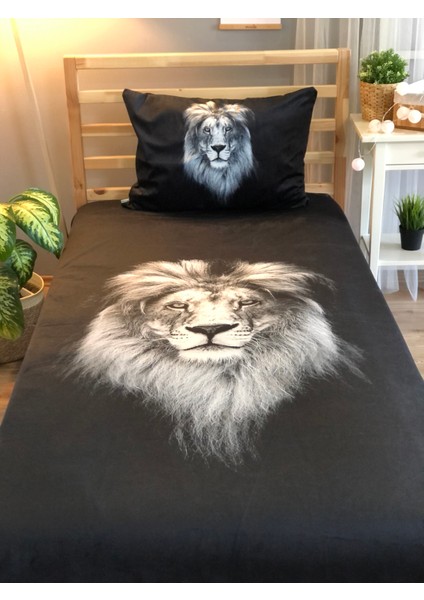 Evmila Dijital Baskı Aslan Kadife Örtü Yastık Seti 884