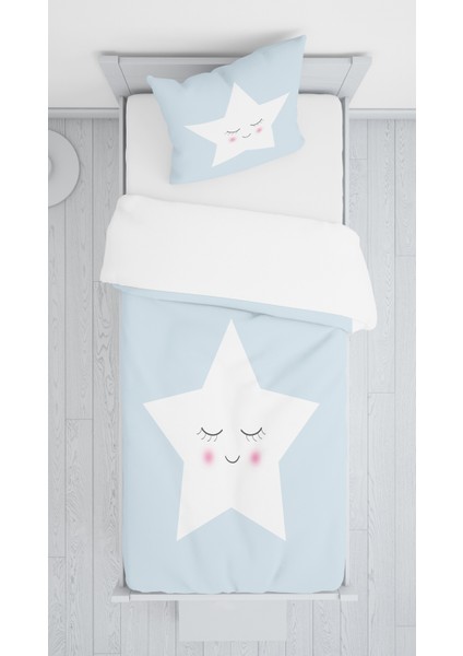 Dijital Baskı Mavi Yıldız Örtü Yastık Seti 394