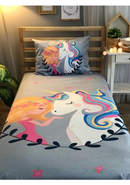 Evmila Gri Zemin Prenses Unicorn Kadife Dekoratif Örtü 116