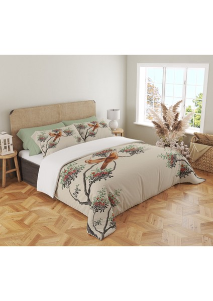 Ekru Kuş Desen Baskılı Çift Kişilik 200X220 cm 2 Adet 50X70CM Nevresim Takımı - Ekru