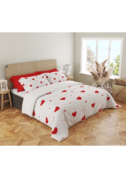 Kırmızı Kalp Desen Baskılı Çift Kişilik 200X220 cm 2 Adet 50X70CM Nevresim Takımı - Beyaz