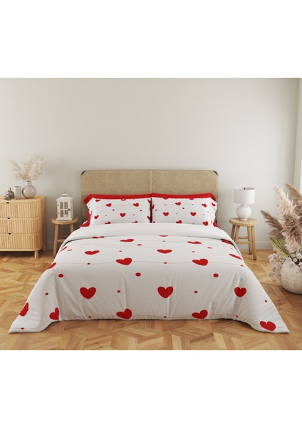 Kırmızı Kalp Desen Baskılı Çift Kişilik 200X220 cm 2 Adet 50X70CM Nevresim Takımı - Beyaz fiyatları