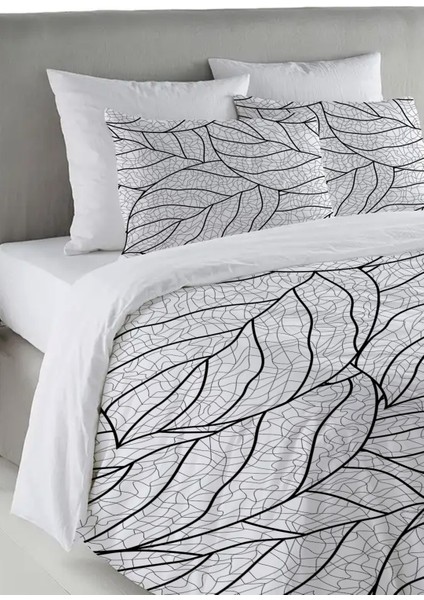 Yaprak Desen Baskılı Çift Kişilik 200X220 cm Nevresim Takımı - Beyaz