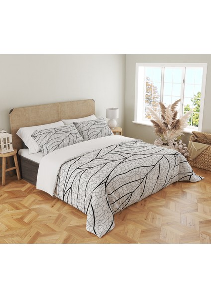 Yaprak Desen Baskılı Çift Kişilik 200X220 cm Nevresim Takımı - Beyaz fiyatları