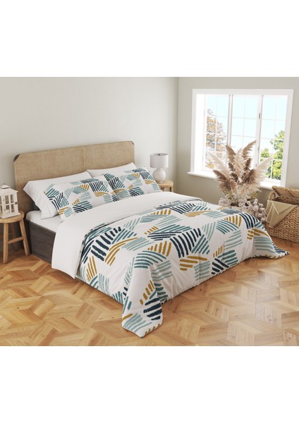 Mavi ve Sarı Geometrik Desen Baskılı Çift Kişilik 200X220 cm Nevresim Takımı - Beyaz fiyatları