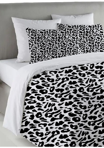 Siyah Leopar Desen Baskılı Çift Kişilik 200X220 cm Nevresim Takımı - Beyaz