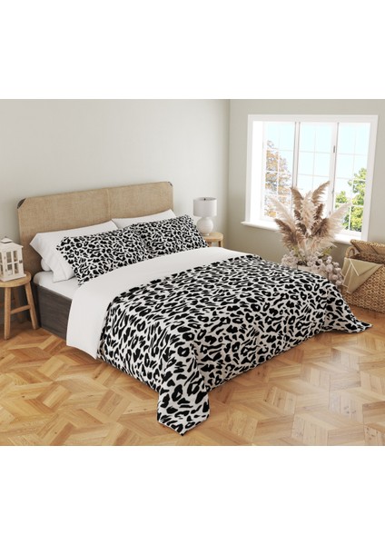 Siyah Leopar Desen Baskılı Çift Kişilik 200X220 cm Nevresim Takımı - Beyaz fiyatları