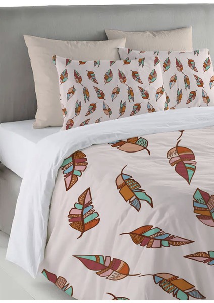 Renkli Yaprak Desen Baskılı Çift Kişilik 200X220 cm Nevresim Takımı - Pembe