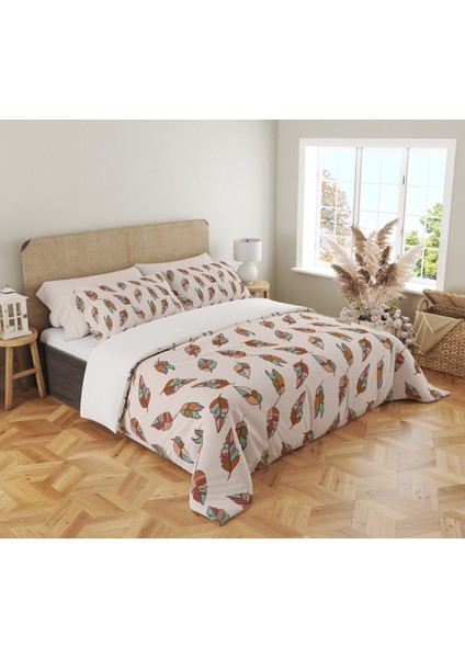Renkli Yaprak Desen Baskılı Çift Kişilik 200X220 cm Nevresim Takımı - Pembe