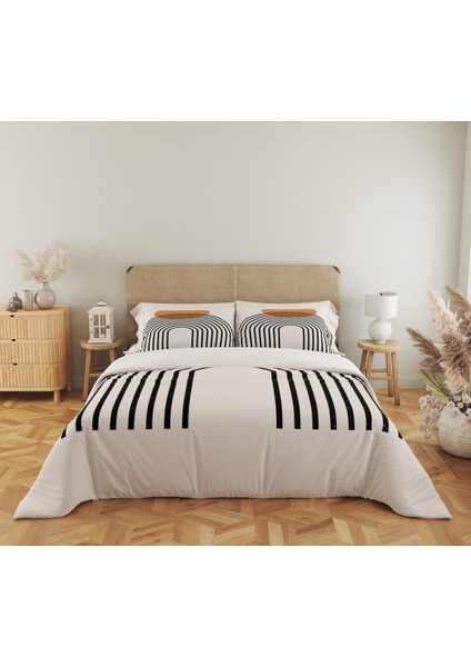 Geometrik Desen Baskılı Çift Kişilik 200X220 cm 2 Adet 50X70CM Nevresim Takımı - Beyaz