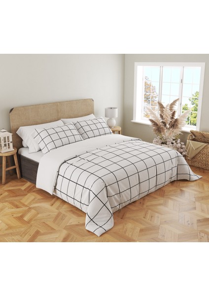Siyah Kare Desen Baskılı Çift Kişilik 200X220 cm Nevresim Takımı - Beyaz