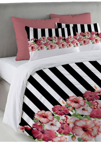 Çiçek Desen Baskılı Çift Kişilik 200X220 cm Nevresim Takımı - Beyaz
