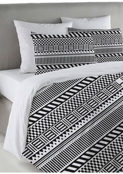 Siyah Etnik Desen Baskılı Çift Kişilik 200X220 cm Nevresim Takımı - Beyaz