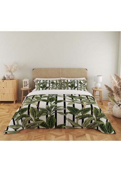 Yeşil Yaprak Desen Baskılı Çift Kişilik 200X220 cm 2 Adet 50X70CM Nevresim Takımı - Beyaz