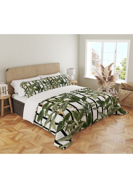 Yeşil Yaprak Desen Baskılı Çift Kişilik 200X220 cm 2 Adet 50X70CM Nevresim Takımı - Beyaz